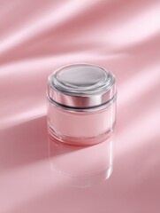 Glass cosmetic jar with light pink cream rests on a reflective surface beneath soft, diffused lighting.