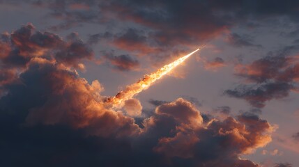 Brilliant flare trails a fast moving projectile through dramatic twilight clouds