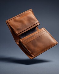 Open brown leather bi fold accessory floats above a dark gray surface