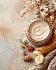 Flat lay of whey protein jar with digestivefriendly foods like yogurt and bananas, fresh airy tones, healthy lifestyle concept