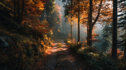 Obraz premium Golden Autumn Forest Path in Misty Morning Light With Golden Leaves and Tall Trees
