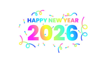 Abstract banner or poster for happy new year 2026 with ribbons and confetti. Trendy grainy noise texture effect. Gradient color of pink, yellow,  green, blue. Vector graphic design elements. 