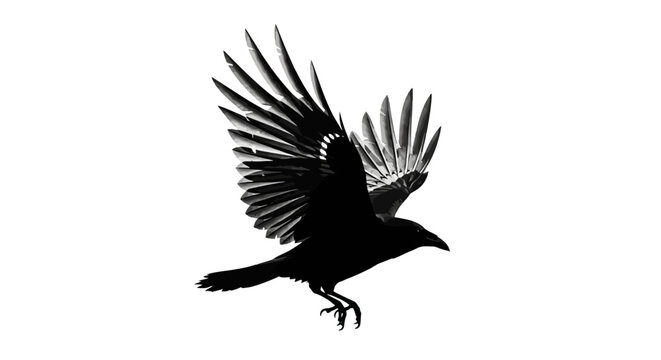 Majestic crow taking flight in striking black and white silhouette against a plain background