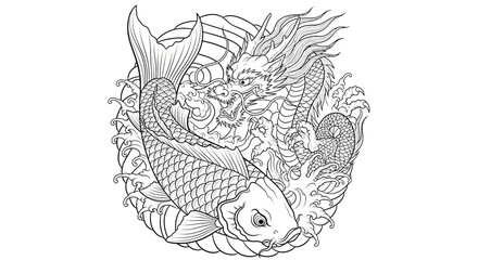 Elegant monochrome rendition of a mythical dragon and koi fish design harmony