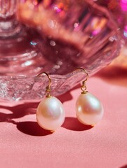 Elegant teardrop pearl drop earrings rest on a textured pink surface near faceted crystal