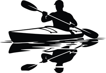 Silhouette of a person kayaking on water with reflection