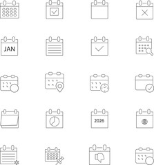 Calendar and Date icon set featuring schedule, time, event, and planning concepts. Editable line vector illustration for business, reminder, and organization design