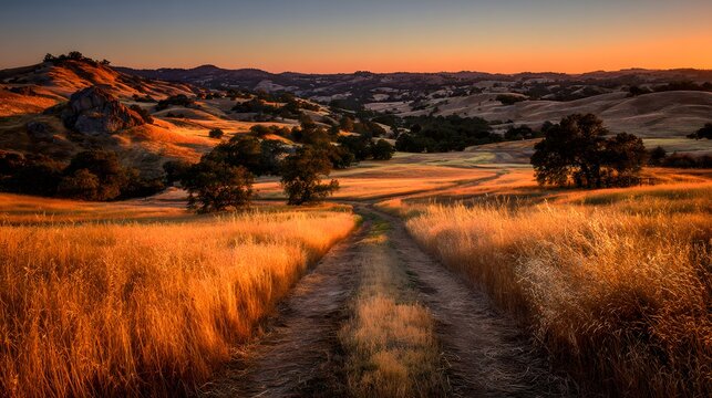Unpaved pathway winds through rolling golden grasslands illuminated by vibrant sunset light