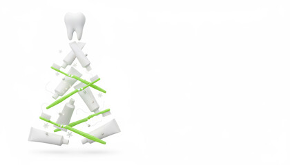 whimsical three-dimensional Christmas tree is constructed entirely of toothbrushes, toothpaste tubes, and dental care items, creating playful and festive scene in white background