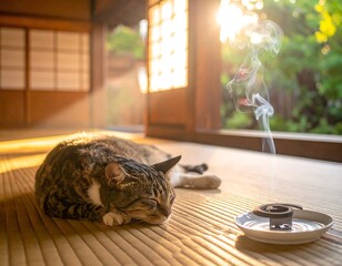 和室でくつろぐ猫とゆらゆらと立ち昇る蚊取り線香