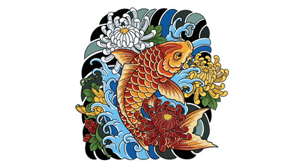 Obraz premium Elegant koi fish among chrysanthemums and water current in a detailed traditional art style