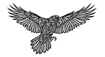 Obraz premium Intricate raven illustration with ornate patterns and soaring wing design graphic art