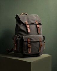 Durable canvas rucksack with leather accents displayed on a podium against a deep green background