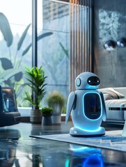 Modern domestic robot illuminates sleek contemporary living area with bright blue light
