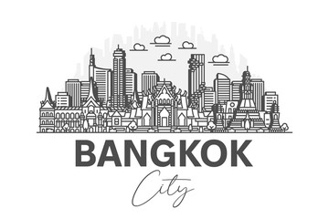 Obraz premium Bangkok, Thailand architecture line skyline illustration with shadows. Linear vector cityscape with famous landmarks, city sights, design icons.
