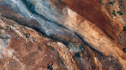 Aerial shot capturing the natural beauty and varied textures of an earthy landscape, resembling an abstract painting, Abstract texture material geologic terrain beautiful landscape surface digital.