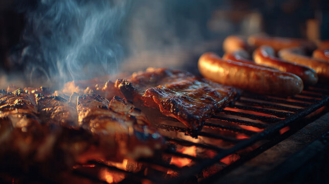 Close up shot of ribs and sausages grilling with smoke on a barbecue grill outdoors