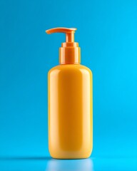 Bright orange dispenser bottle stands centered against a vibrant blue background