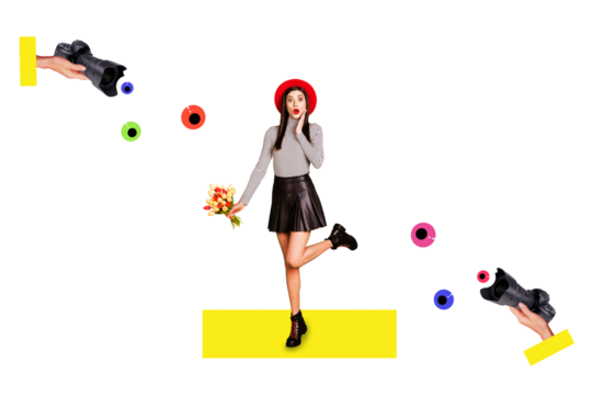 Composite sketch design artwork photo collage of hand hold camera shooting journalist paparazzi young lady stand model posing hold flower - Powered by Adobe