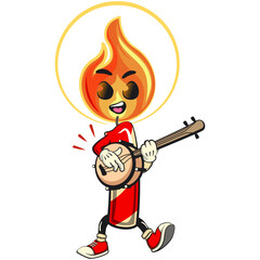 Fototapeta premium cute candle mascot cartoon vector illustration with light flame character playing the banjo musical instrument, isolated for holiday and celebration design, work of hand drawn