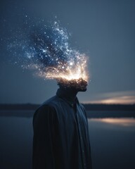 Human silhouette appears to emit glowing celestial particles above a calm body of water at dusk