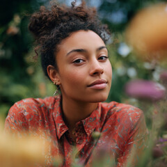 Confident Beauty: Portrait of a Smiling Woman Among Vibrant Nature and Urban Greenery