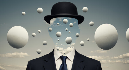 Surreal Man in Suit Wearing Bowler Hat with Floating Spheres and Cloud Reflection Face