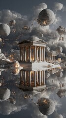 Classical architectural structure floats amidst celestial bodies and billowing clouds