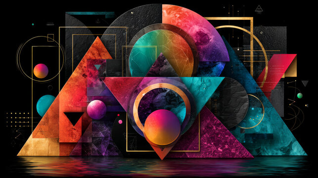 Abstract futuristic geometric shapes in trendy retro groovy, Y2K style, Vintage. Colored simple isolated on black background label sticker elements. Flat Vector Illustration EPS10.
