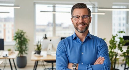 Smiling businessman wearing glasses and blue shirt standing confidently in a modern office environment with plants