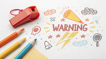 Warning sign illustration with whistle and colored pencils