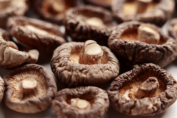 Dried shriveled edible shiitake mushrooms close up