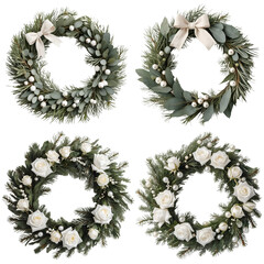 A set of wreaths made of fir branches, elegantly decorated with white and pearl ornaments and flowers. Isolated, transparent background.
