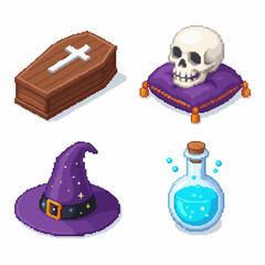Spooky Halloween pixel art set with coffin, skull, potion, and witch hat