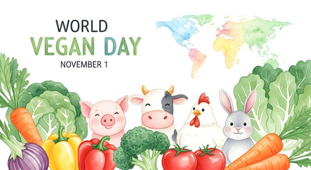 Celebrating World Vegan Day with a vibrant watercolor illustration of fresh produce and farm animals, promoting a compassionate lifestyle