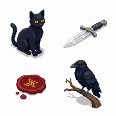 Charming pixel art features black cat, dagger, raven, and wax seal elements