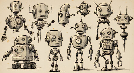 Collection of Vintage Robot Drawings in Pencil Sketch Style for Creative and Artistic Use
