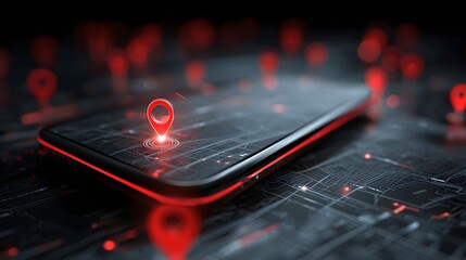 Glowing red location markers highlight a digital map displayed on a modern mobile device screen