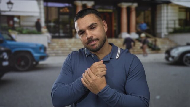 Young hispanic man shrugs palms on busy street in daylight; uncertainty doubt puzzlement confusion.