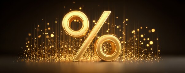 Financial concept of interest rate growth. A golden percentage symbol surrounded by shimmering lights, creating a luxurious and celebratory atmosphere.