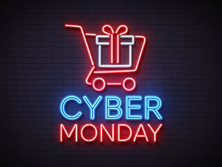 Fototapeta premium Bright neon cyber monday shopping cart with gift box sign