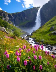 Mountain waterfall cascading through wildflowers