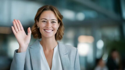 Professional insurance agent greeting clients at corporate lobby with welcoming gesture, symbolizing reliability, trust, personalized financial care, and dedication to customer relationships.