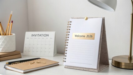 Modern Desk Setup with Calendar and Welcome 2026 Planner