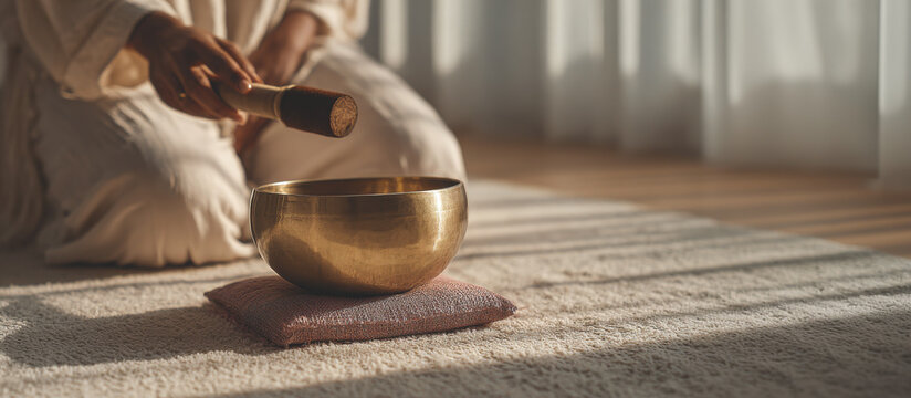 Sound therapy session using brass bowls in a calming indoor space for relaxation and healing