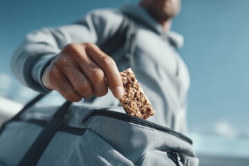 Athlete reaching for protein bar from gym bag, dynamic motion blur, bright daylight, active lifestyle concept