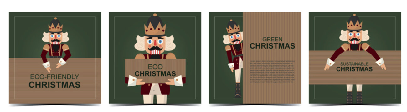 Eco-Friendly Christmas Nutcracker Card Template Set. Set of four Eco Christmas greeting card. Sustainable christmas and New Year ideal for business and marketing. Flat style. Vector illustration.