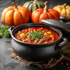 Cozy kitchen scene with highprotein lentil stew simmering, pumpkins and squash in background, fall wellness concept