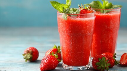 Two tall glasses of refreshing, bright red crushed ice beverage garnished with fresh mint leaves sit on a wooden surface