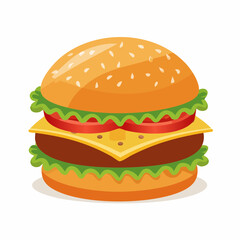 Colorful illustration of a classic cheeseburger with fresh lettuce, tomato, and melted cheese. Ideal for fast food menus and culinary graphics